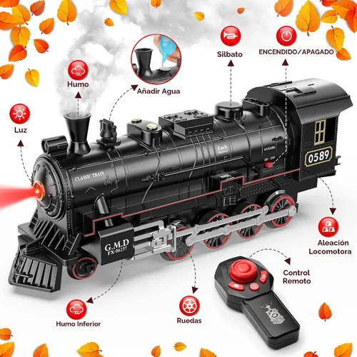Vista 2 de Hot Bee Juego de tren para niños, juegos de tren de aleación a control remoto con locomotora de vapor, autos y pistas iluminados, juego de trenes