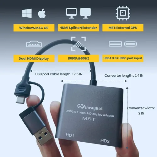 Vista 6 de Adaptador USB a HDMI para 2 monitores, USB 3.0 a HDMI dual para 3 monitores, USB a HDMI con dos displau HD compatible con Mac y Windows/Extensor