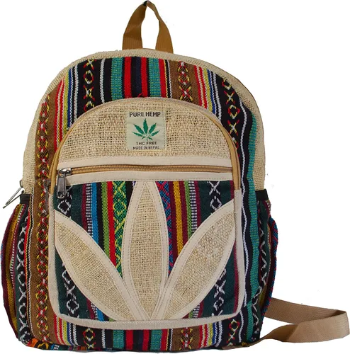 Vista 2 de Himalayan Fashion - Mochila mediana de cáñamo hecha a mano, estilo marihuana bohemia, bolsa de viaje, color negro, beige, negro, (Black, Beige)