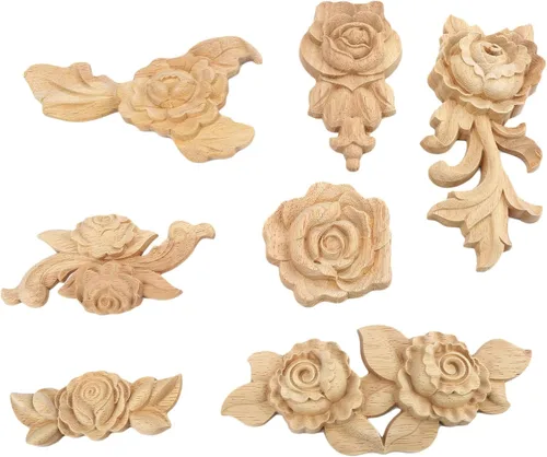 Vista 5 de MUXSAM Apliques tallados en madera de rosa, paquete de 2 mini calcomanías de madera sin pintar para armario, pared, tocador, cama, espejo, chimenea