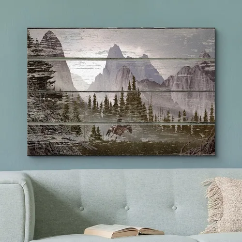 Vista 2 de wall26 - Paisaje rústico de montaña sobre un fondo de madera - Arte en lienzo para el hogar - 12 x 18 pulgadas