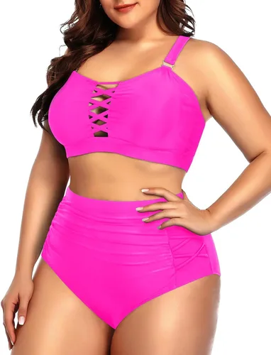 Vista 3 de Daci - Traje de baño de dos piezas para mujer, talla extragrande, cintura alta, fruncido, con cordones