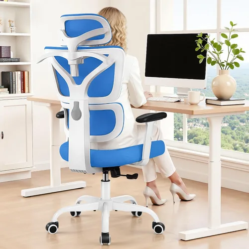 Vista 10 de Silla de Oficina Ergonómica de Respaldo Alto Silla de Escritorio con Soporte Lumbar, Silla de Computadora de Malla Transpirable con Reposabrazos