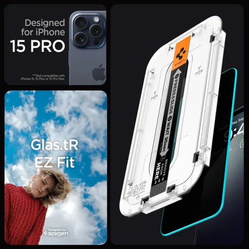 Vista 3 de Spigen Protector de pantalla de vidrio templado [GlasTR EZ FIT – Privacidad] diseñado para iPhone 15 Pro [compatible con fundas] – Paquete de 2