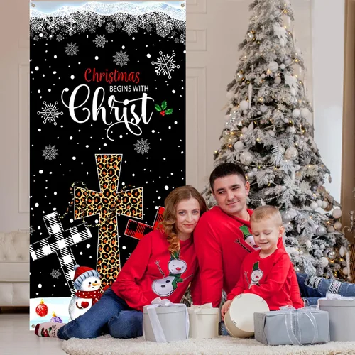 Vista 3 de RUMIA Cubierta de Puerta de Navidad con Nacimiento, "Christmas Begins with Christ", Decoración de Puerta Delantera, Banner, Cruz de Navidad