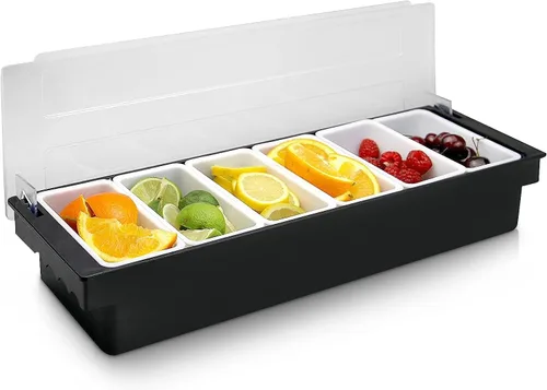 Vista 9 de Bandeja con tapa para frutas, verduras y condimentos con estación de guarnición para bartending y servicio de tacos (2, 3 compartimentos)