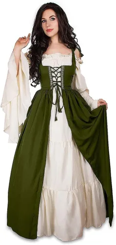 Vista 4 de Disfraz mítico renacentista medieval irlandés, juego de sobre vestido y camisa color crema, S M, Olivapétalos de pincel.