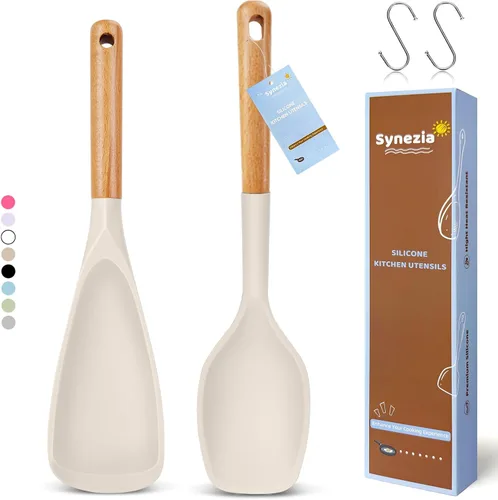 Vista 9 de Juego de cucharas de cocina de silicona grandes, 2 cucharas de servir resistentes al calor, espátula antiadherente multifunción para mezclar Berry