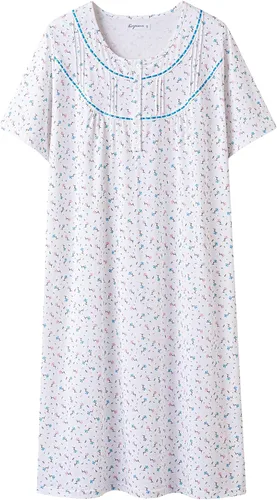 Vista 18 de Keyocean - Camisones para mujer, 100% algodón, suave, cómodo, ligero, manga corta, vestido de noche para damas Azul Floral en Crema