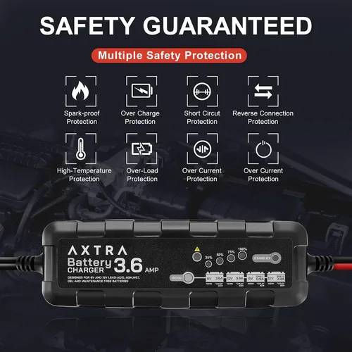 Vista 5 de AXTRA Cargador de batería de automóvil de 6 V y 12 V, mantenimiento de batería inteligente totalmente automático de 3.6 amperios para automóvil