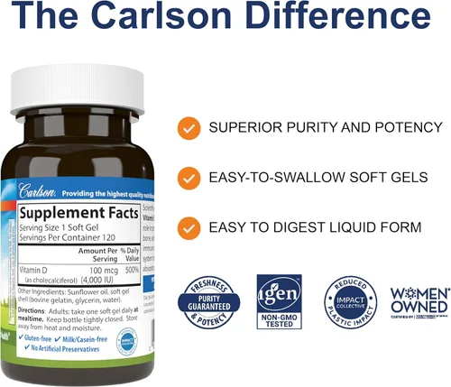 Vista 2 de Carlson - Vitamina D3, 4000 UI (100 mcg), Suplementos de vitamina D, salud ósea e inmunológica, suplemento de colecalciferol, cápsulas de vitamina D
