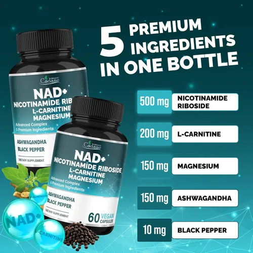 Vista 3 de Organic Cadane Suplemento de ribósido de nicotinamida con L-carnitina, glicinato de magnesio, Ashwagandha, pimienta negra Apoyo para la salud