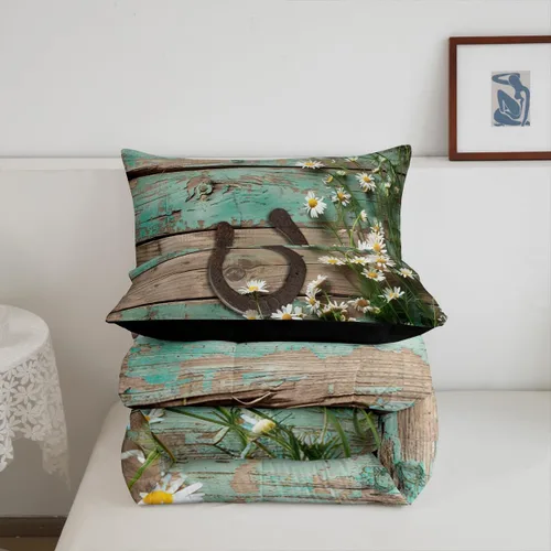 Vista 6 de Juego de ropa de cama rústica de granja color verde azulado con puerta de granero de madera, edredón de plumas tamaño Queen, decoración occidental