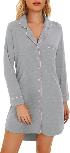 Vista 2 de WiWi Camisones de viscosa de bambú para mujer, suave, de manga larga, con botones, ropa de dormir, vestido de novio S-XXL