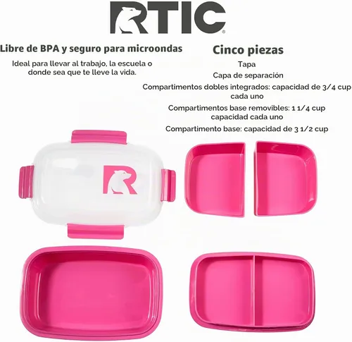 Vista 4 de RTIC Recipientes de almuerzo de 5 compartimentos, contenedor de comida caliente con tapa para adultos, caja de almuerzo dividida apta para Rosa