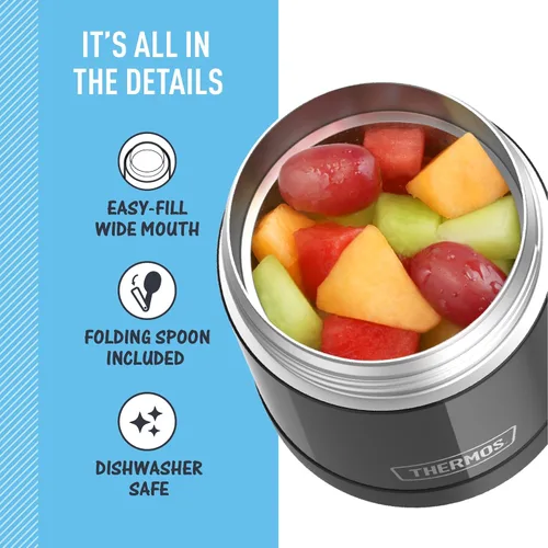 Vista 4 de THERMOS Funtainer - Tarro de alimentos aislado de 10 onzas, tarro de comida para niños con cuchara plegable, color negro