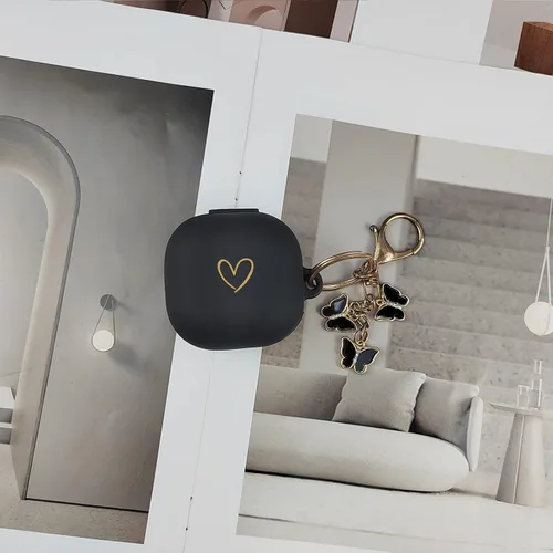 Vista 6 de Compatible con Samsung Galaxy Buds FE/Buds 2 / Buds Pro/Buds Live/Buds 2 Pro, funda de silicona suave con patrón de corazón dorado con bonito Negro