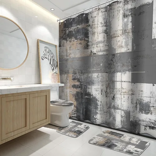 Vista 18 de Lnond 4 Piezas Juegos de Cortinas de Ducha de Baño Moradas con Alfombras, Arte de Pintura Púrpura y Gris Juegos de Baño con Cortina de Ducha