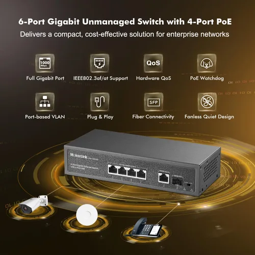 Vista 2 de MokerLink Conmutador PoE de 4 puertos, 1 Gigabit Uplink, 1 SFP, IEEE802.3af/at 75W, detección de IA PoE Watchdog, QoS, interruptor Ethernet Plug &