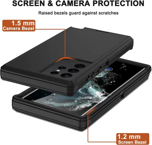 Vista 5 de Funda para Samsung Galaxy S22 Ultra con funda de clip para cinturón, 2 protectores de pantalla, protección de grado militar resistente, cuerpo Negro