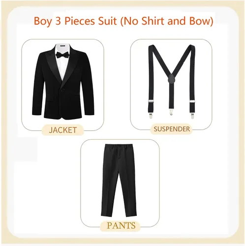 Vista 2 de MAGE MALE Traje de terciopelo de 3 piezas para niños, conjunto de chaqueta de varios colores para boda, graduación, fiesta, esmoquin con tirantes