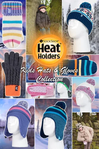 Vista 5 de Heat Holders - Gorro de invierno con pompones y manoplas con forro térmico para niños con orejeras.