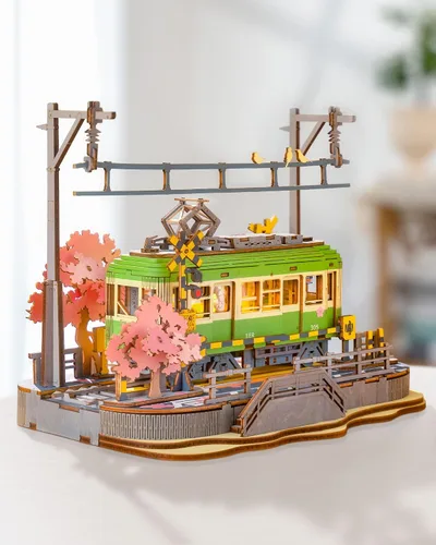 Vista 8 de Rolife Sakura Journey Tram - Rompecabezas de madera 3D para adultos, kits de construcción de modelos de bricolaje con luces LED, regalo creativo