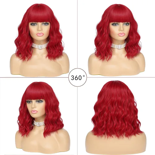 Vista 4 de Peluca corta ondulada con flequillo, peluca roja para mujer, peluca sintética rizada estilo Bob, peluca de fibra resistente al calor de aspecto