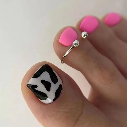 Vista 29 de Uñas postizas acrílicas artificiales negras para los dedos de los pies, ataúd a presión con diseños de flores blancas, uñas postizas reutilizables