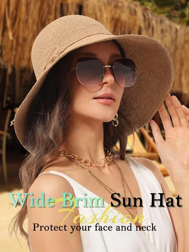 Vista 4 de Sombrero de paja para mujer, ala ancha, plegable, protección UV, gorra de verano para playa, UPF 50+ Caqui