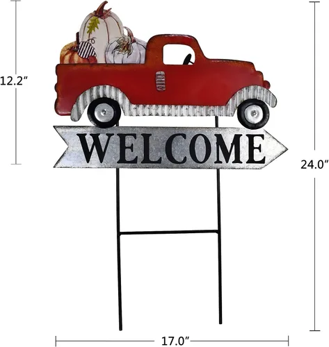 Vista 6 de Cartel de bienvenida intercambiable de metal rojo para camioneta, con carga con calabaza, árbol de Navidad, decoración de temporada de jardín