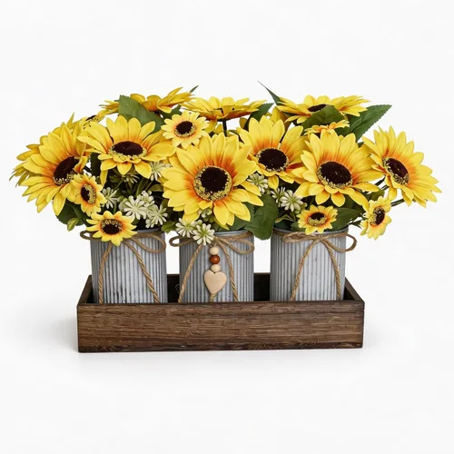 Vista 10 de Set de decoración de centro de mesa con flores artificiales, incluye 3 ramos falsos de Milán y bandeja de madera para decoración de escritorio