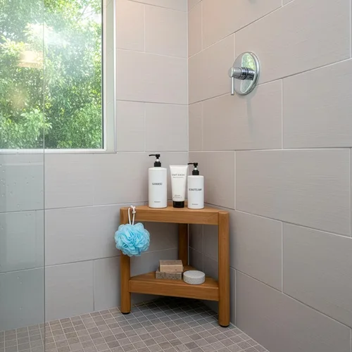 Vista 2 de Asta Select - Taburete de ducha de esquina de teca maciza, taburete de madera de teca Poratble para spa/ducha/interior/exterior con estante