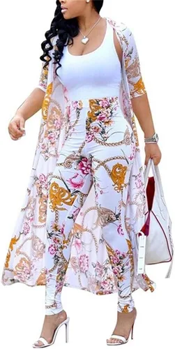 Vista 2 de Conjunto de 2 piezas para mujer con estampado floral, cárdigan de manga larga y pantalones largos