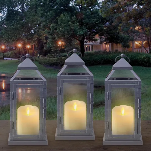 Vista 5 de Elements Faroles de metal con velas LED, juego de 3, 5.2 x 5.2 x 12 pulgadas, color gris