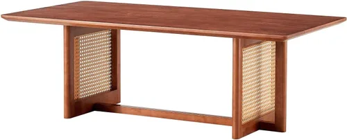 Vista 7 de LKTART Mesa auxiliar para sala de estar, mesa rectangular de madera maciza, moderna mesa de centro de ratán de imitación, patas cruzadas, mesa de té