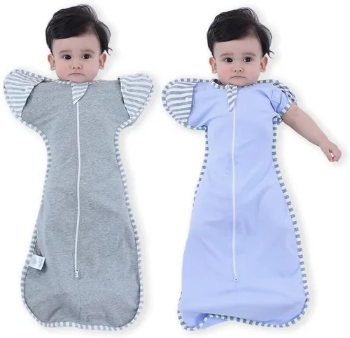 Vista 12 de Bycc Bynn Paquete de 2 sacos de dormir con manga alta, transición a saco de dormir portátil sin brazos para bebé pacify, Azul + Gris