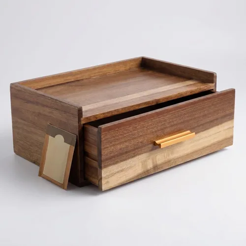 Vista 6 de Caja de té de madera de acacia con 8 compartimentos y cajón