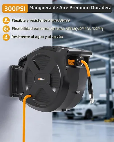 Vista 2 de Carrete retráctil para manguera de aire, 3/8" x 65 pies de manguera de aire híbrida flexible, manguera de compresor de aire resistente a arrugas Max