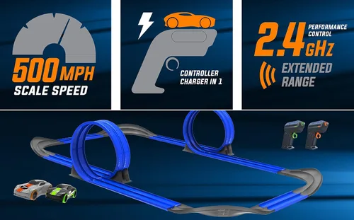 Vista 3 de Juego de pista de carreras con control remoto inalámbrico que brilla en la oscuridad de alta velocidad con dos autos para carreras duales, azul