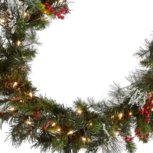 Vista 2 de National Tree Company Guirnalda de Navidad artificial preiluminada, verde, pino invernal, luces blancas, decorada con conos de pino, racimos