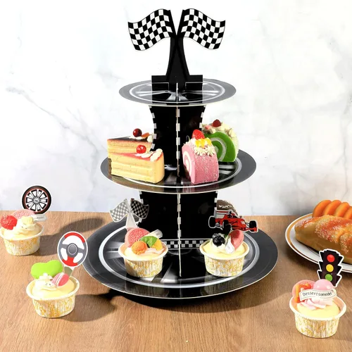 Vista 4 de Soporte para cupcakes de auto de carreras de 3 niveles con 24 adornos para tartas, decoraciones de fiesta de cumpleaños, temática de autos