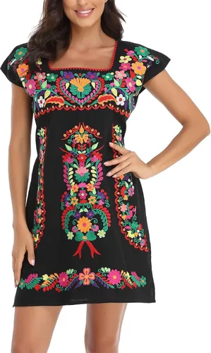 Vista 6 de YZXDORWJ Vestido bordado mexicano sin mangas con cuello de volantes para mujer