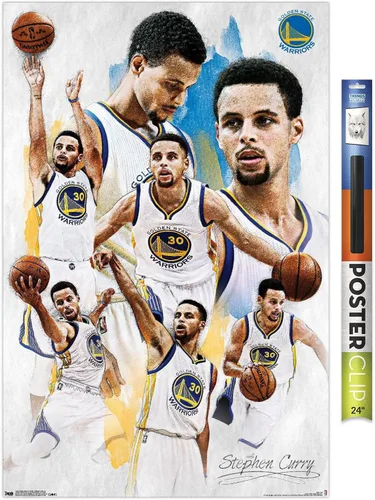 Vista 19 de Trends International NBA Golden State Warriors - Póster de pared de Stephen Curry 16, 14.725 x 22.375 pulgadas, versión enmarcada de madera