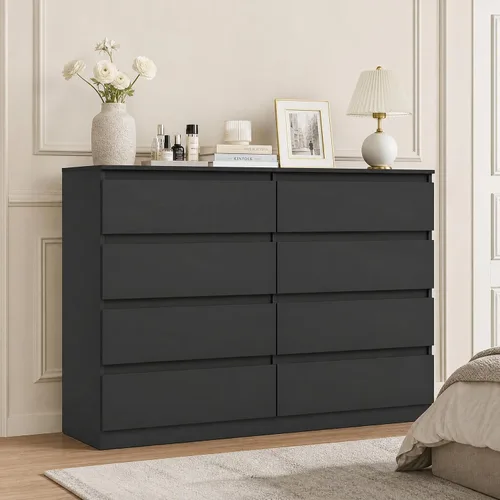 Vista 9 de Cómoda negra para dormitorio, cómoda moderna de 6 cajones con cajón profundo, amplia cómoda de almacenamiento, organizador de muebles