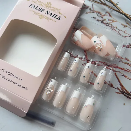 Vista 3 de Uñas postizas a presión con punta francesa blanca, uñas postizas largas cuadradas 3D con diamantes de imitación, uñas acrílicas nude, cobertura