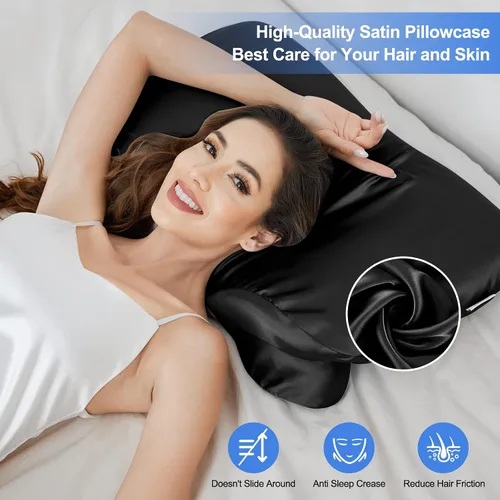 Vista 2 de Funda de almohada de satén para almohada cervical Zelimun - Funda ergonómica, funda de almohada suave y lisa, funda de almohada negra con cremallera
