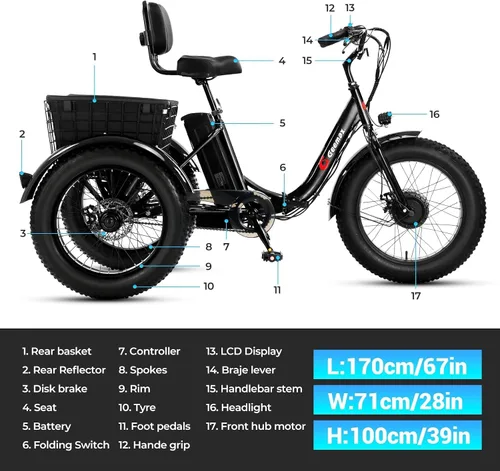 Vista 7 de Geemax - Triciclo eléctrico para adultos, 20 pulgadas x 4.0 con neumáticos de grasa, pico de 500 W, 15 MPH, 36 V, 13 Ah, batería de litio