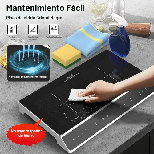Vista 8 de GIHETKUT Placa de cocción de doble inducción, 4000 W, 2 quemadores, placa de inducción con pantalla táctil LED, 10 niveles de ajustes con bloqueo