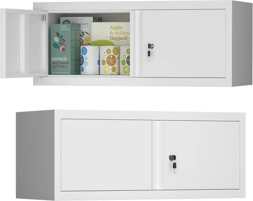 Vista 17 de Gabinete de almacenamiento de metal con cerradura, gabinete de pared de garaje de 12.8" H, almacenamiento de acero con puertas, organización